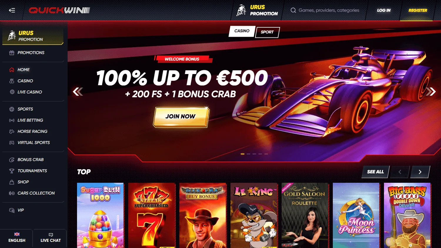 Quick Win Casino desktop home screen
