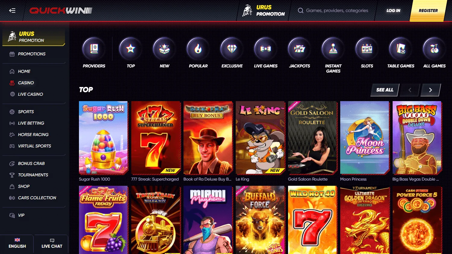 Quick Win Casino desktop games screen