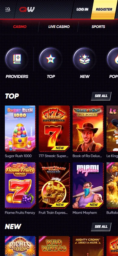 Quick Win Casino mobile games screen