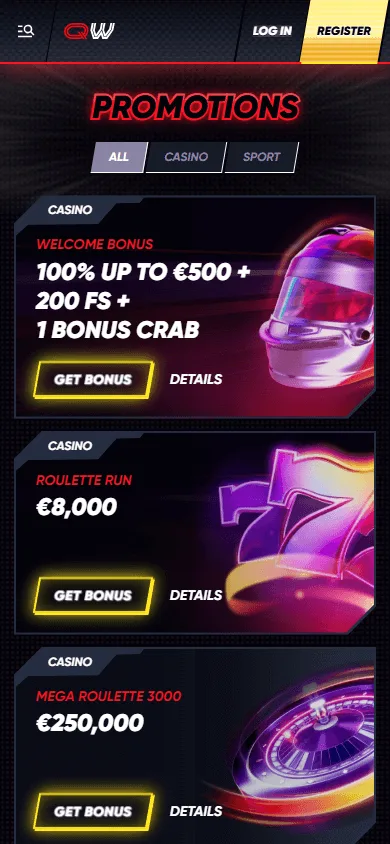Quick Win Casino mobile promotions screen