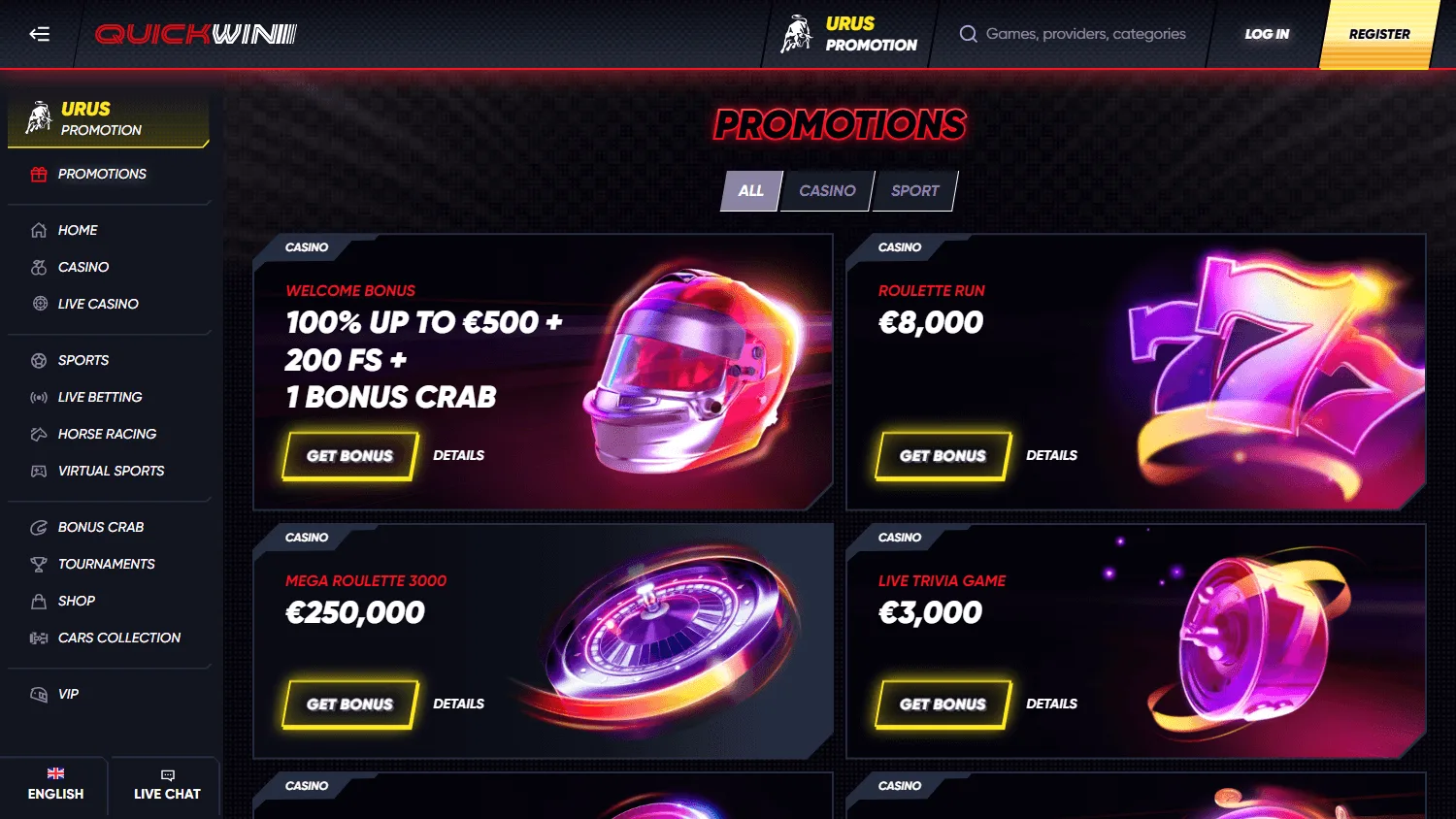 Quick Win Casino desktop promotions screen